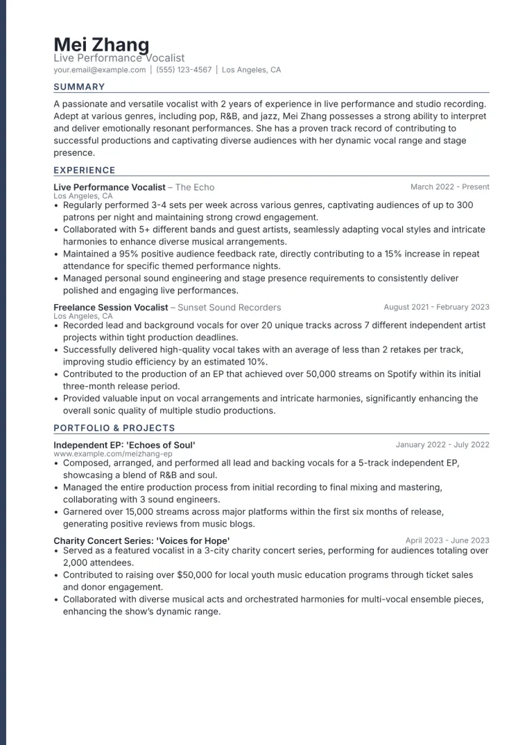 Vocalist Resume Example CV template preview