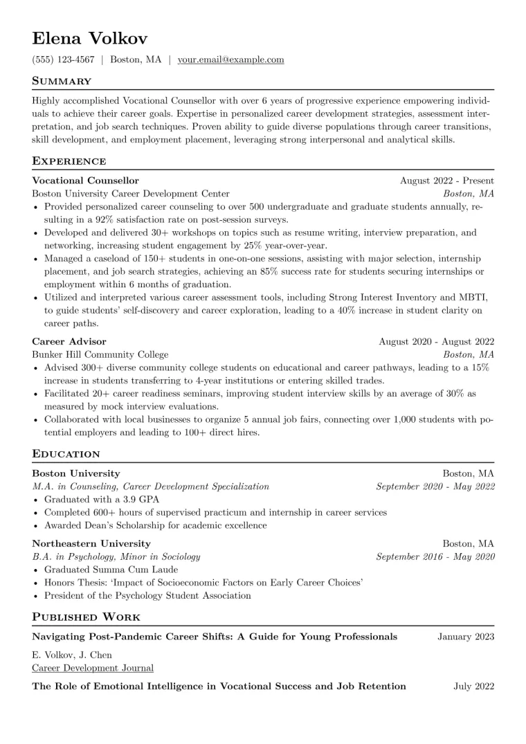 Vocational Counsellor Resume Example preview
