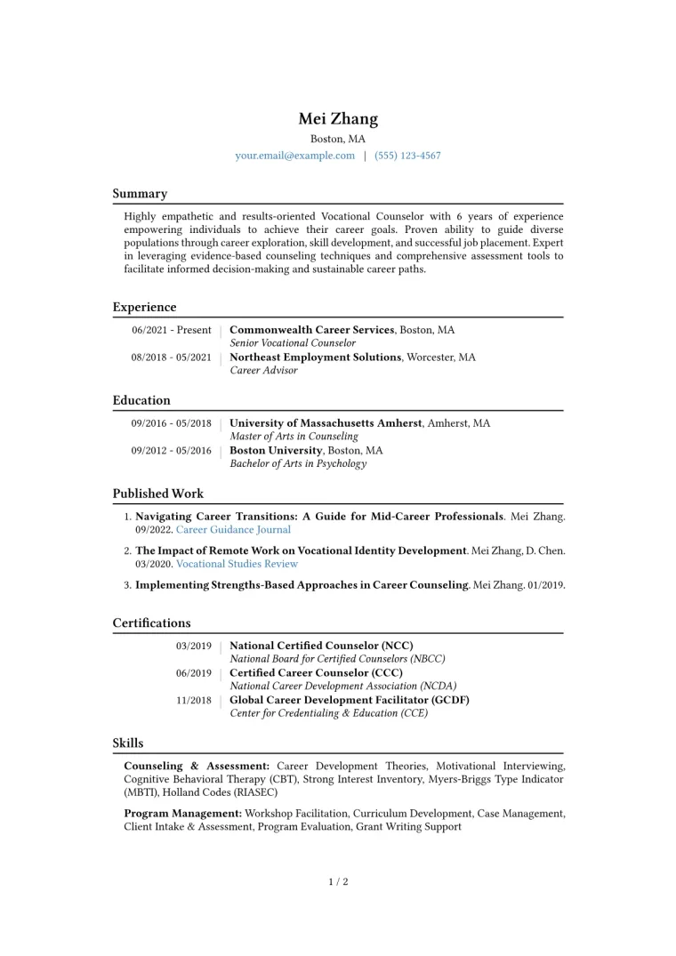 Vocational Counselor Resume Example CV template preview
