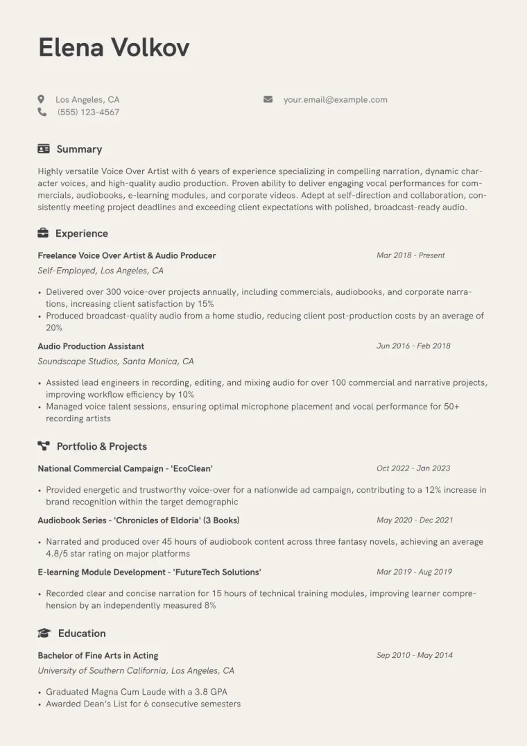 Voice Over Artist Resume Example CV template preview