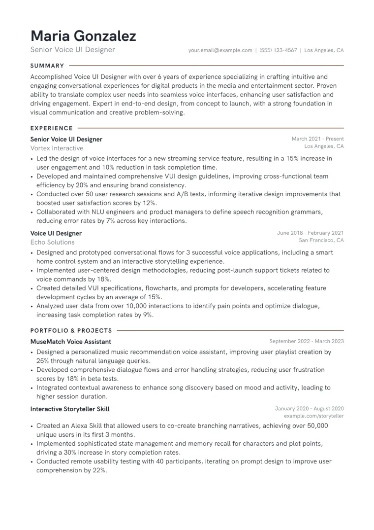 Voice UI Designer Resume Example CV template preview
