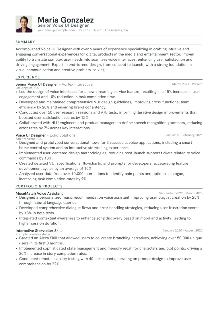 Voice UI Designer Resume Example CV template preview