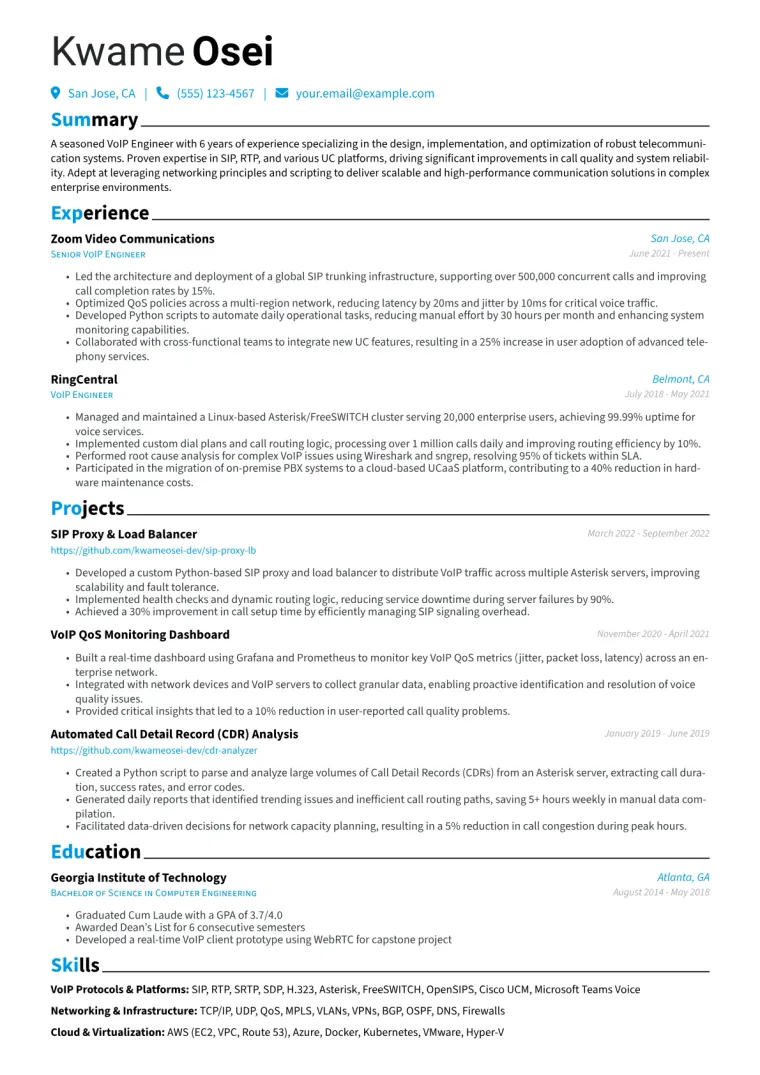 VoIP Engineer Resume Example CV template preview