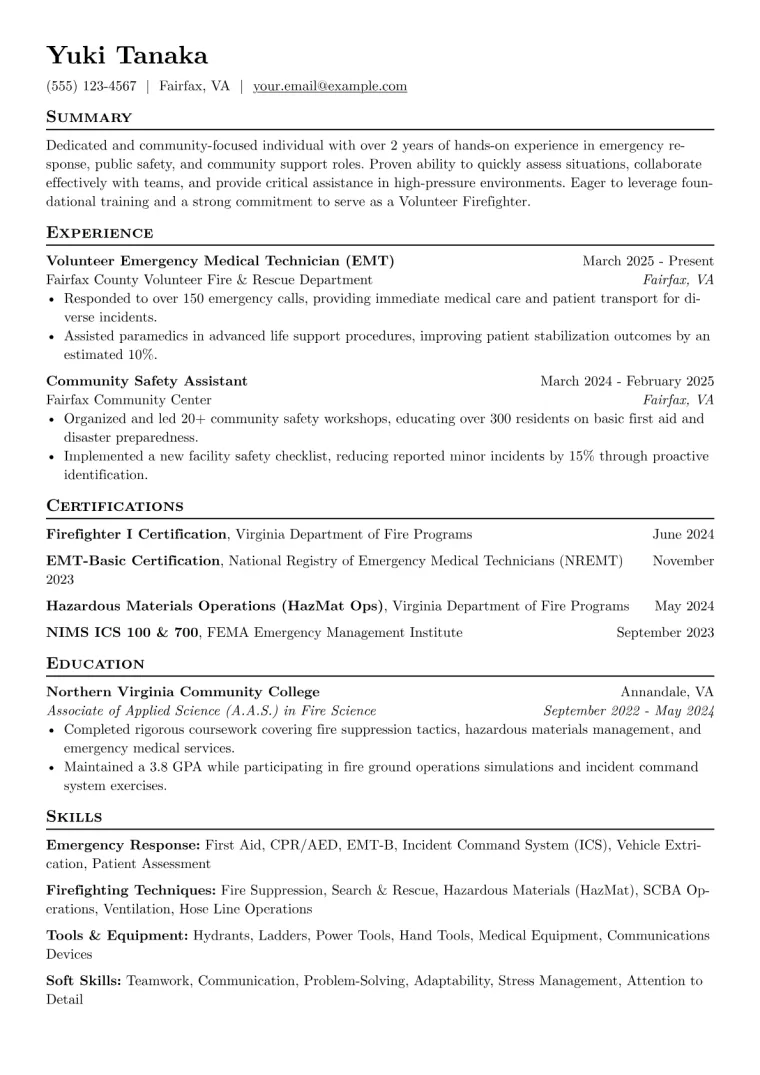 Volunteer Firefighter Resume Example CV template preview