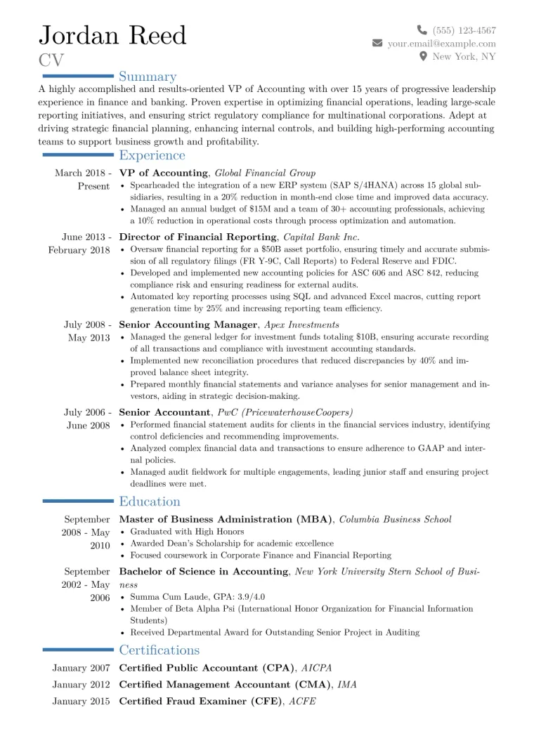 VP of Accounting Resume Example CV template preview