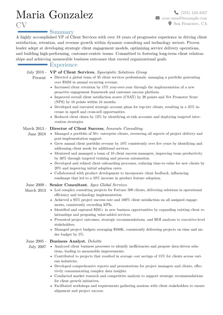 VP of Client Services Resume Example CV template preview