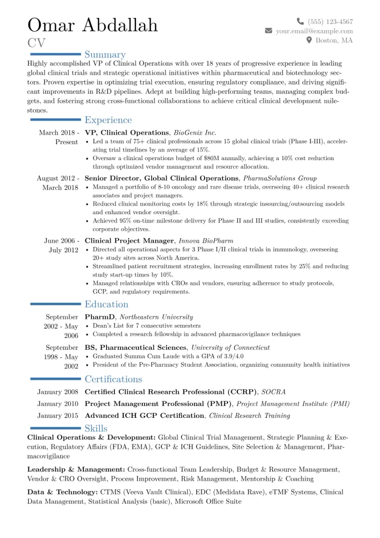 VP of Clinical Operations Resume Example CV template preview