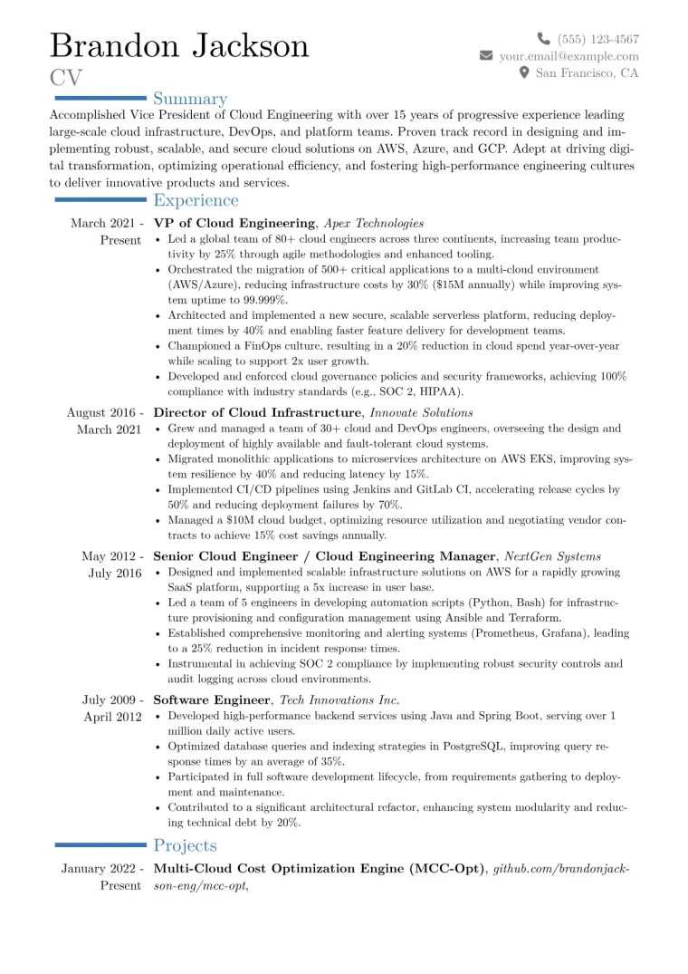VP of Cloud Engineering Resume Example CV template preview