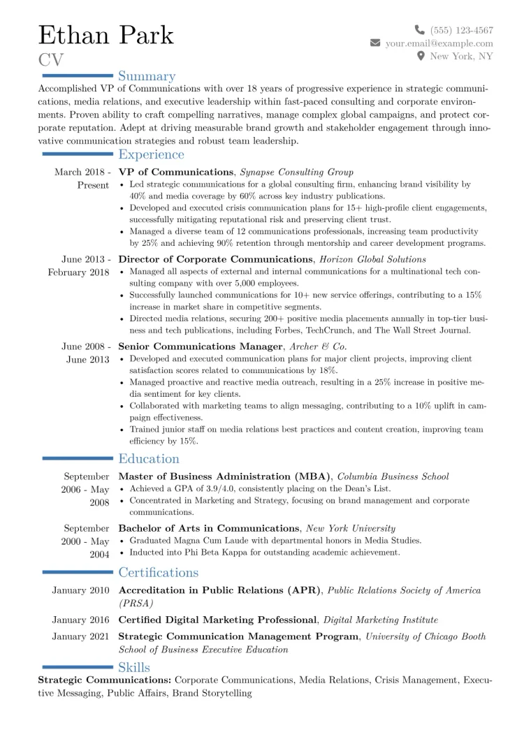 VP of Communications Resume Example CV template preview