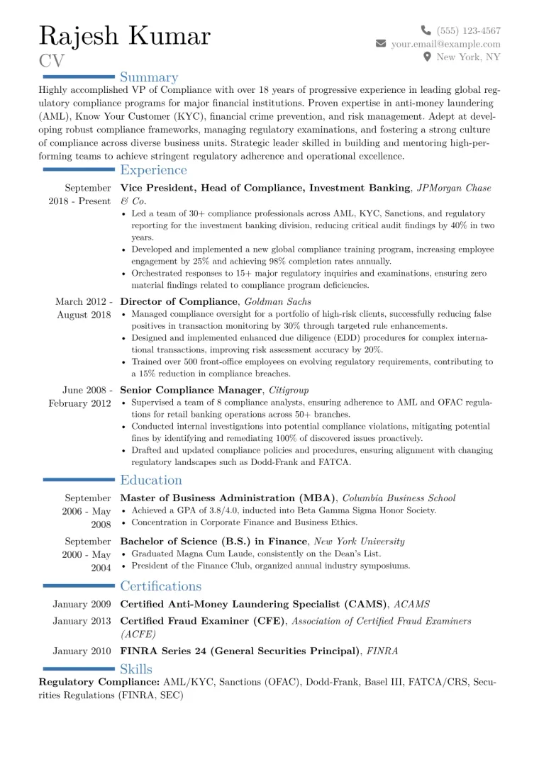 VP of Compliance Resume Example CV template preview