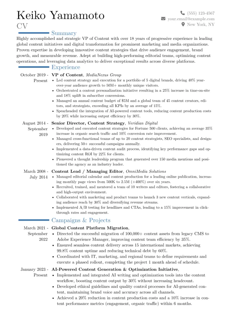 VP of Content Resume Example CV template preview