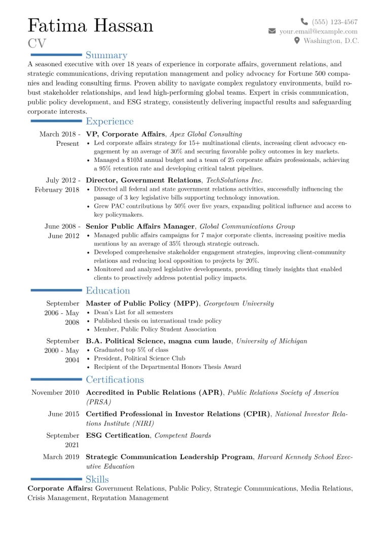 VP of Corporate Affairs Resume Example CV template preview