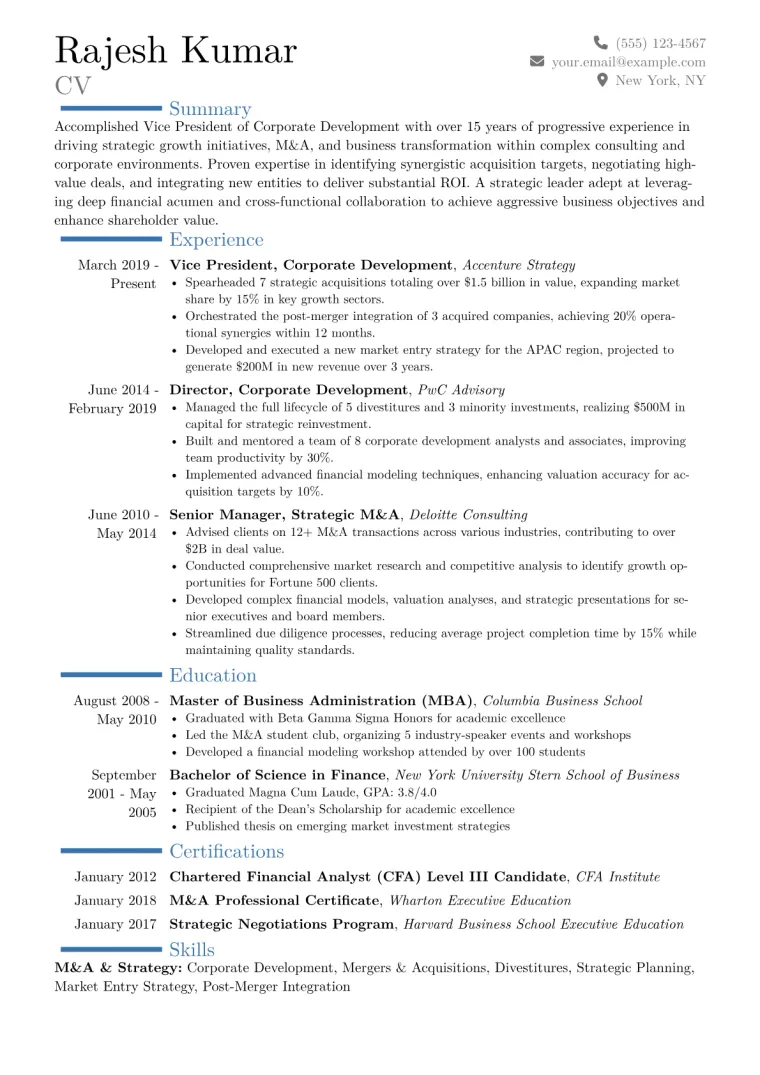 VP of Corporate Development Resume Example CV template preview
