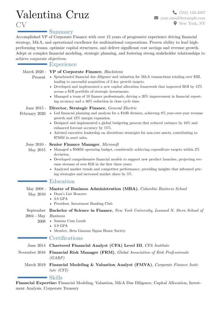 VP of Corporate Finance Resume Example CV template preview