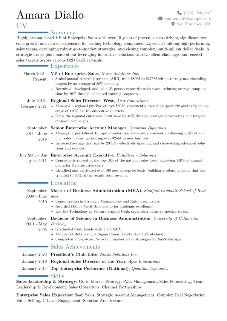 VP of Enterprise Sales Resume Example CV template preview