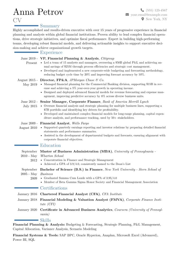 VP of Financial Planning Resume Example CV template preview