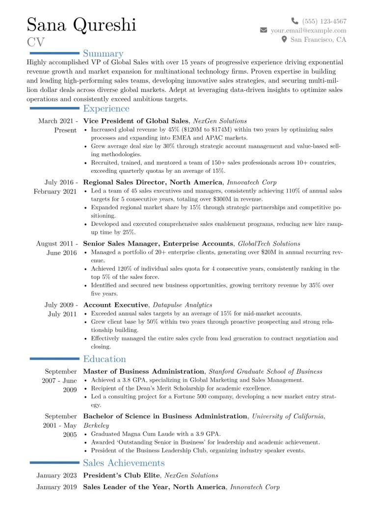 VP of Global Sales Resume Example CV template preview