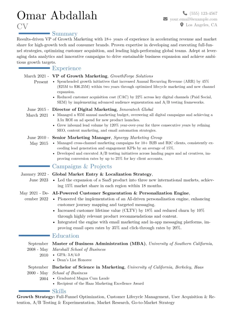 VP of Growth Marketing Resume Example CV template preview