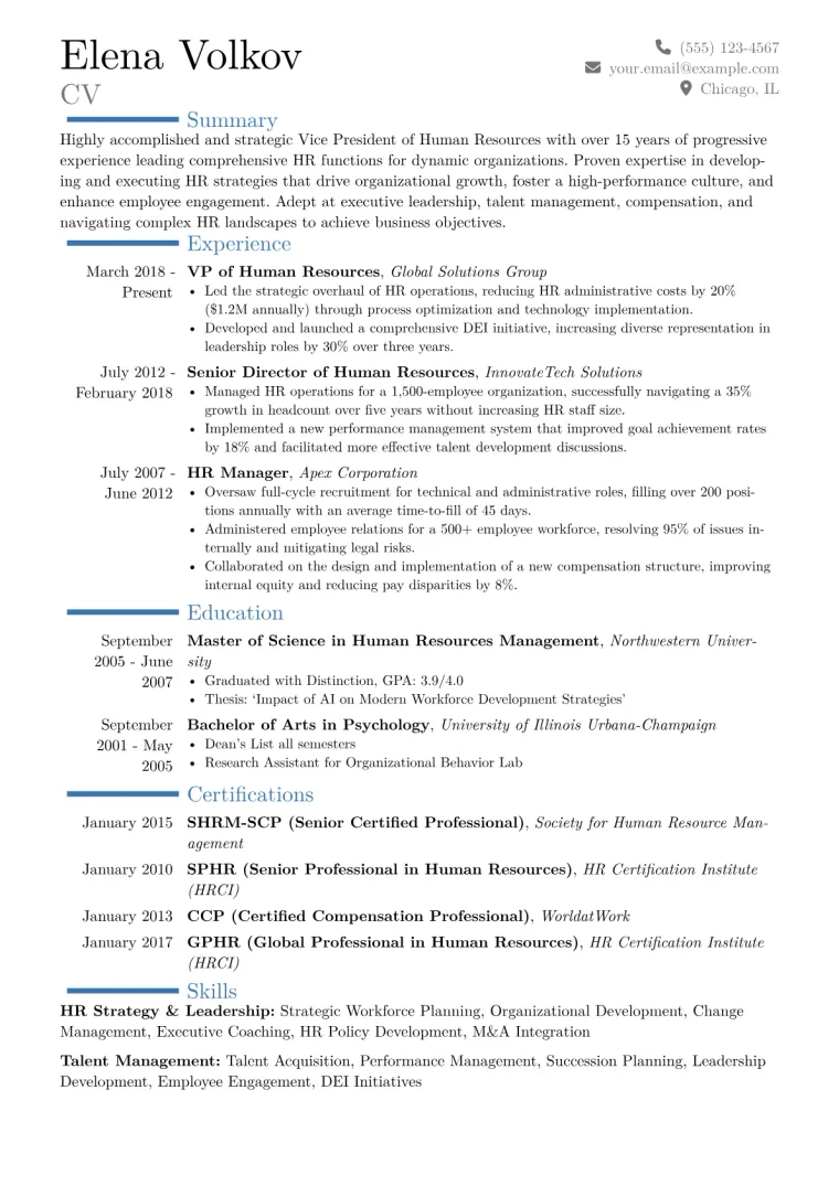 VP of Human Resources Resume Example CV template preview