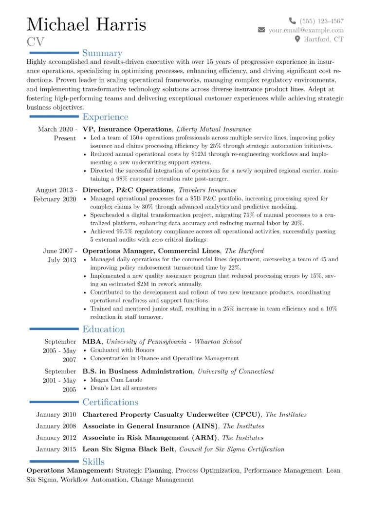 VP of Insurance Operations Resume Example CV template preview