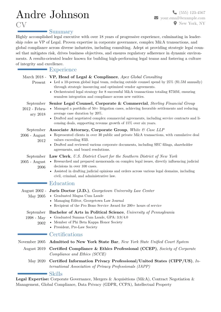 VP of Legal Resume Example CV template preview