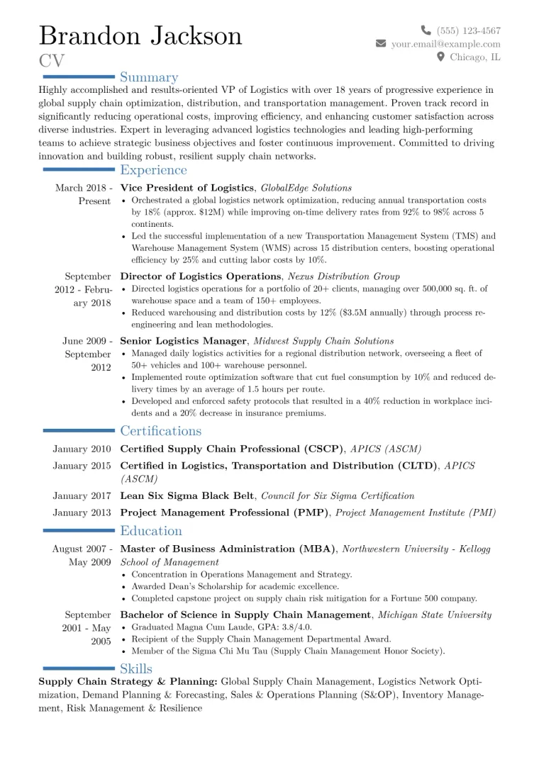 VP of Logistics Resume Example CV template preview