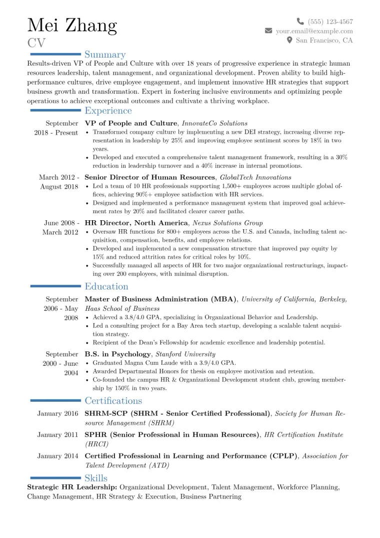 VP of People and Culture Resume Example CV template preview