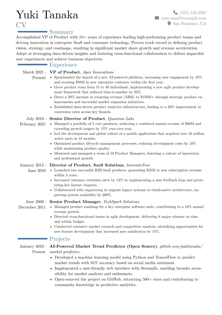 VP of Product Resume Example CV template preview
