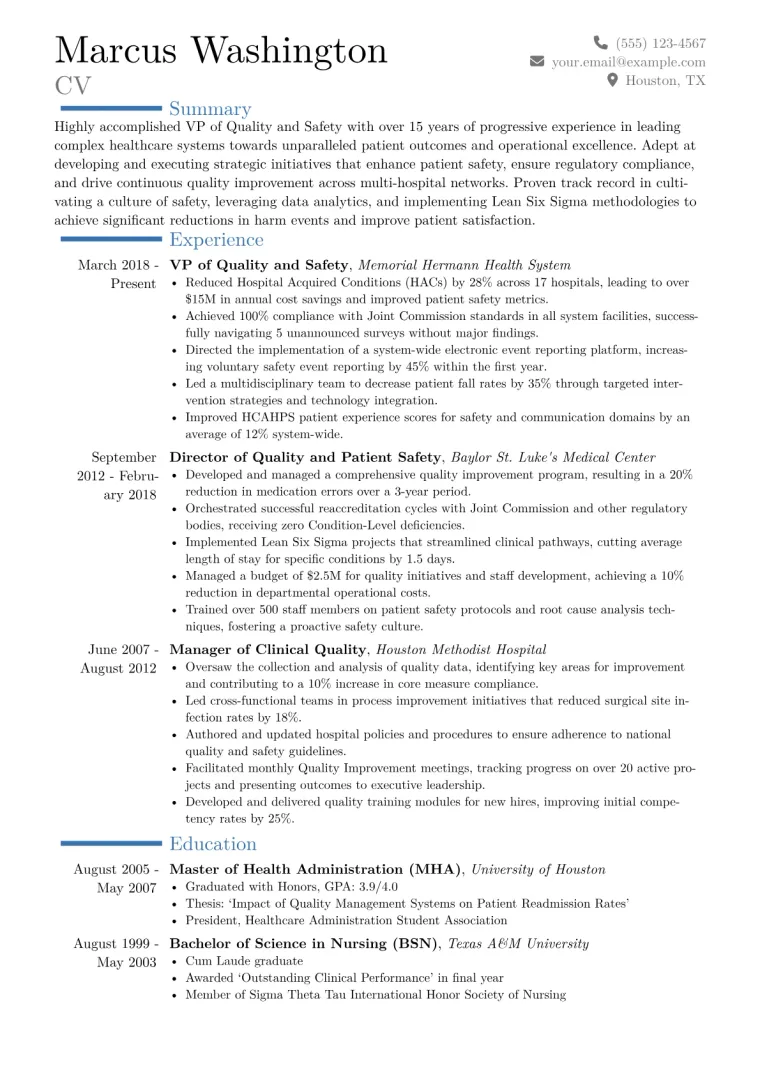 VP of Quality and Safety Resume Example CV template preview