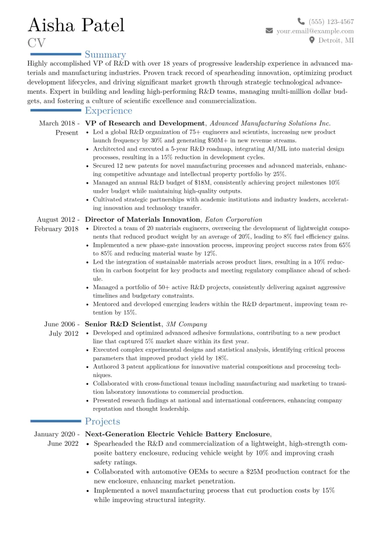 VP of R&D Resume Example CV template preview