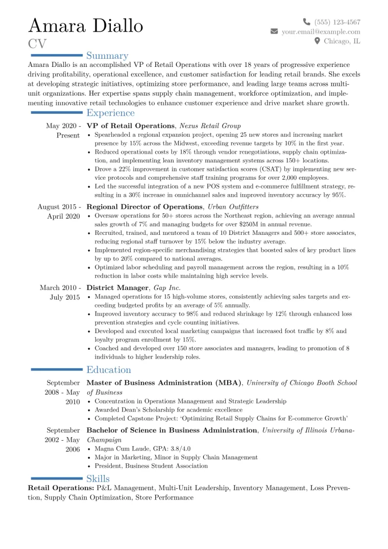 VP of Retail Operations Resume Example CV template preview
