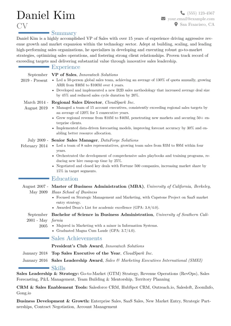 VP of Sales Resume Example CV template preview