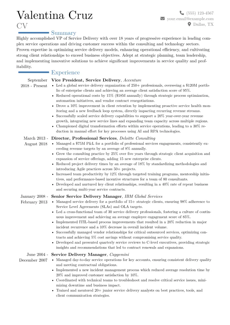 VP of Service Delivery Resume Example CV template preview