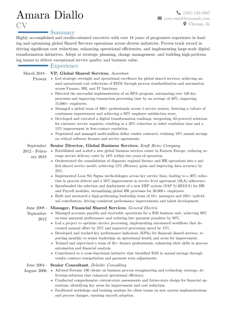 VP of Shared Services Resume Example CV template preview