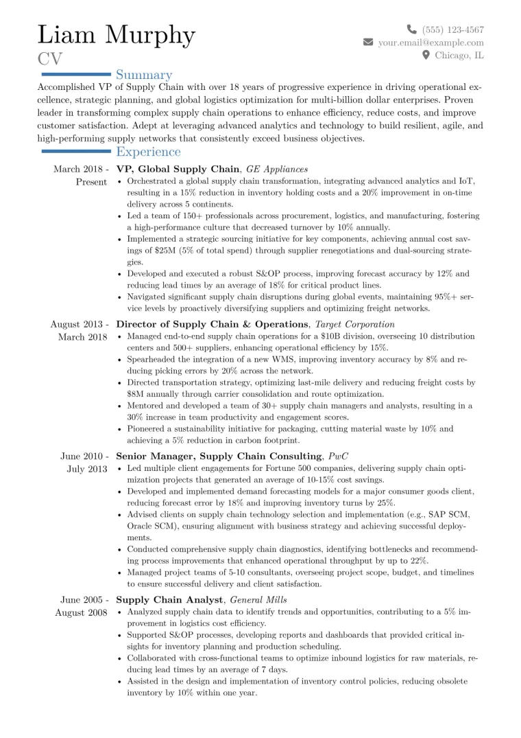 VP of Supply Chain Resume Example CV template preview