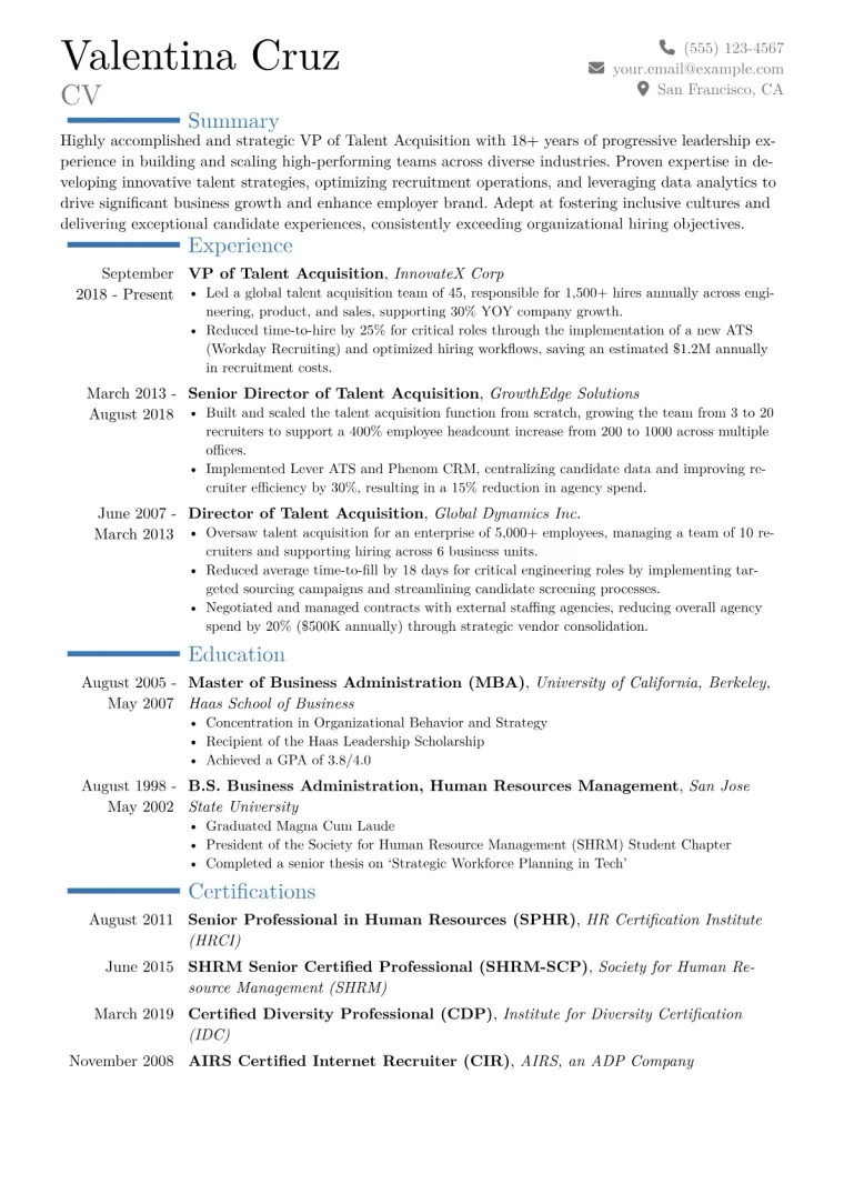 VP of Talent Acquisition Resume Example CV template preview