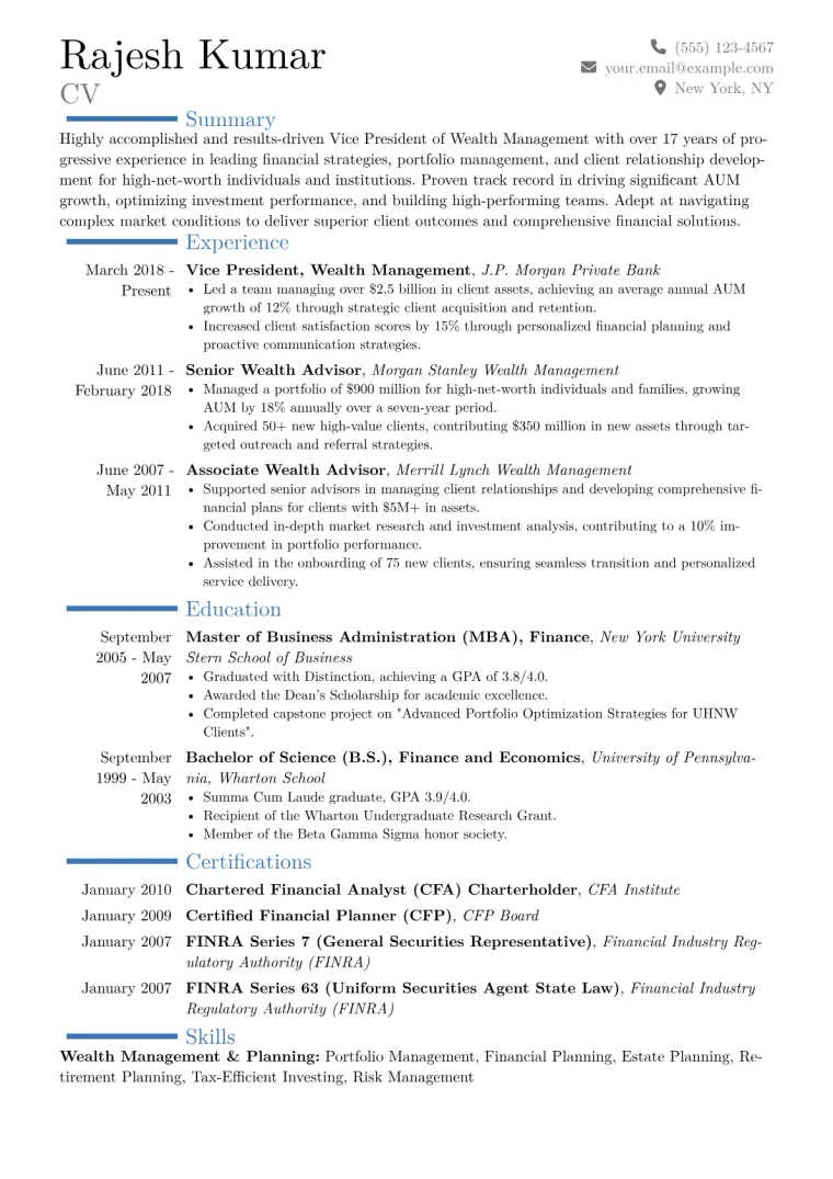 VP of Wealth Management Resume Example CV template preview