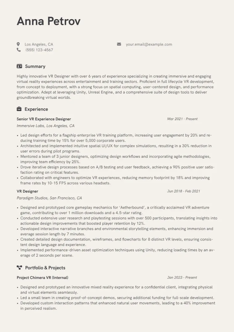 VR Designer Resume Example CV template preview