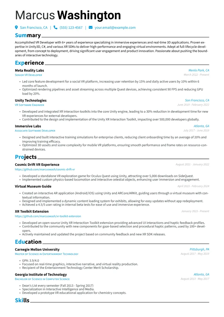 VR Developer Resume Example CV template preview
