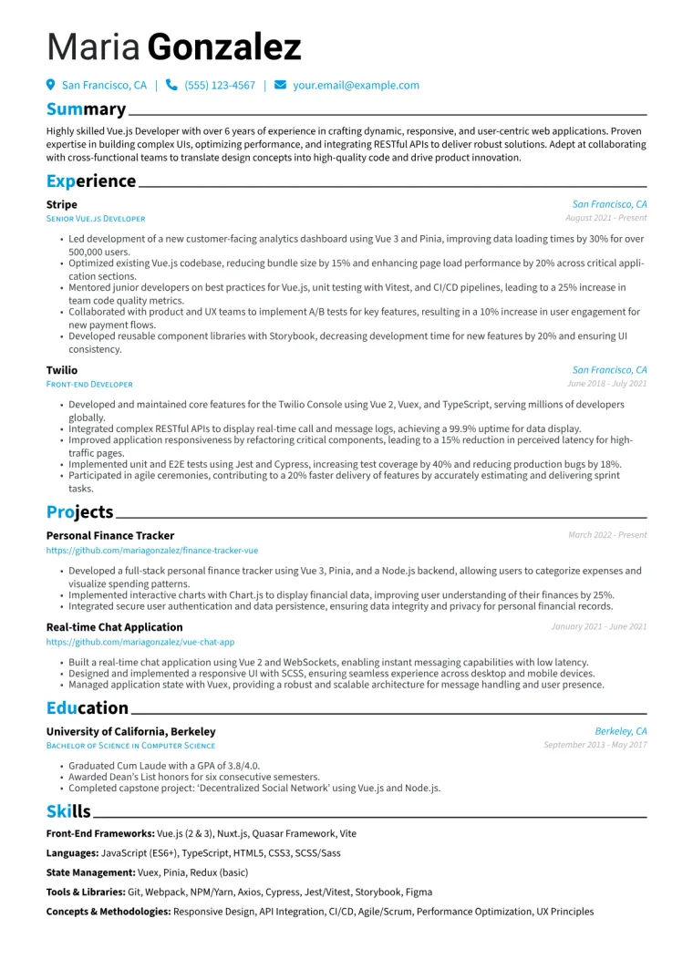 Vue.js Developer Resume Example CV template preview