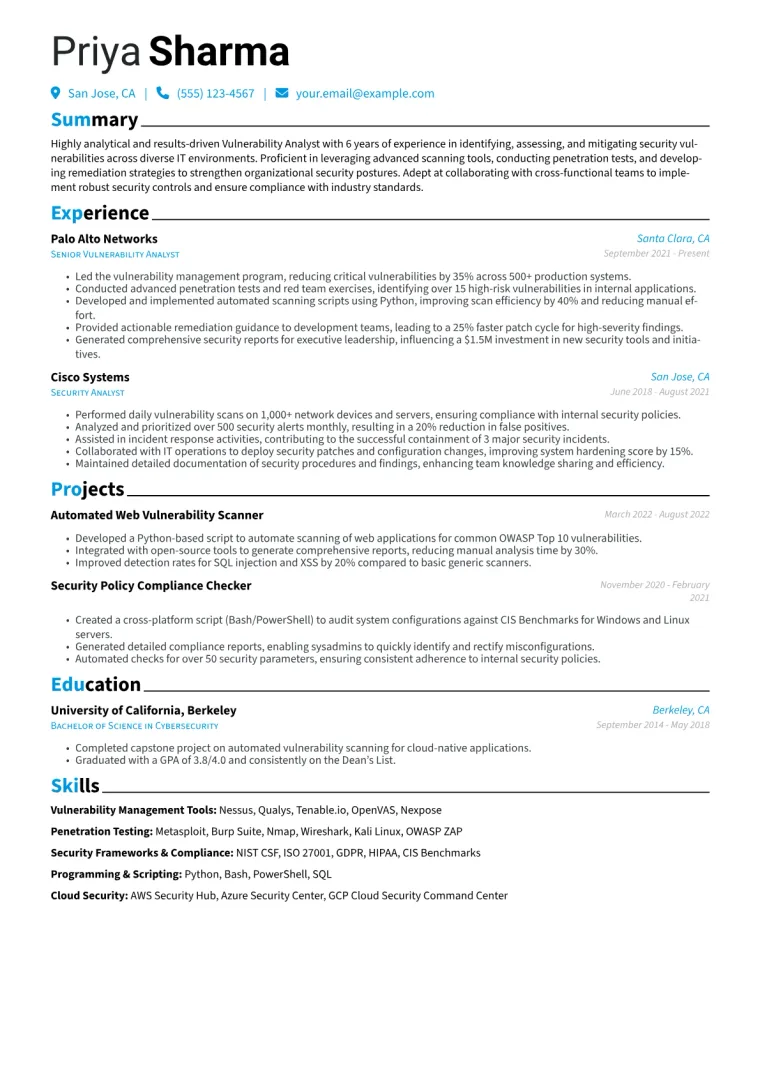 Vulnerability Analyst Resume Example CV template preview