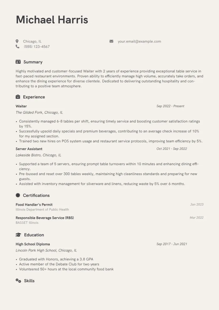Waiter Resume Example CV template preview