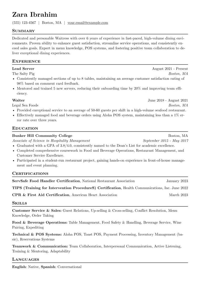 Waiter Waitress Resume Example CV template preview