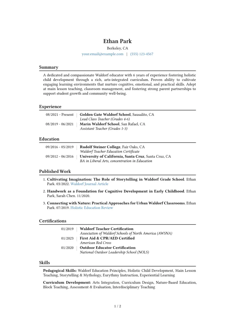 Waldorf Teacher Resume Example CV template preview