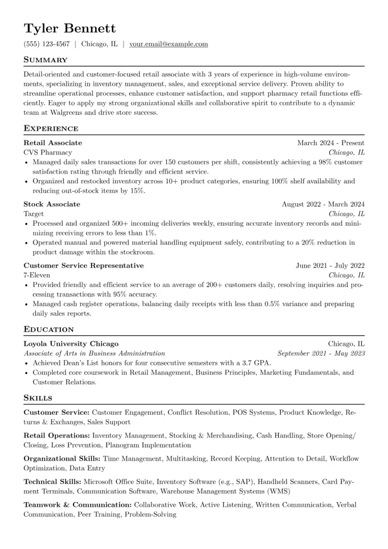 Walgreens Resume Example CV template preview