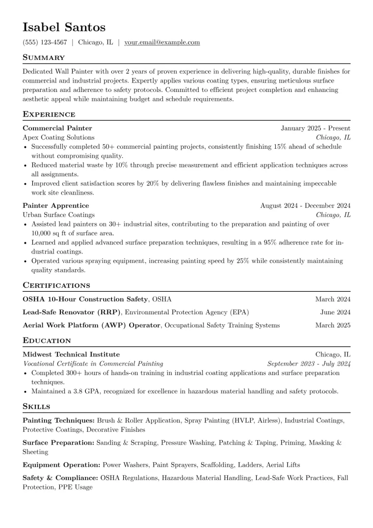 Wall Painter Resume Example preview