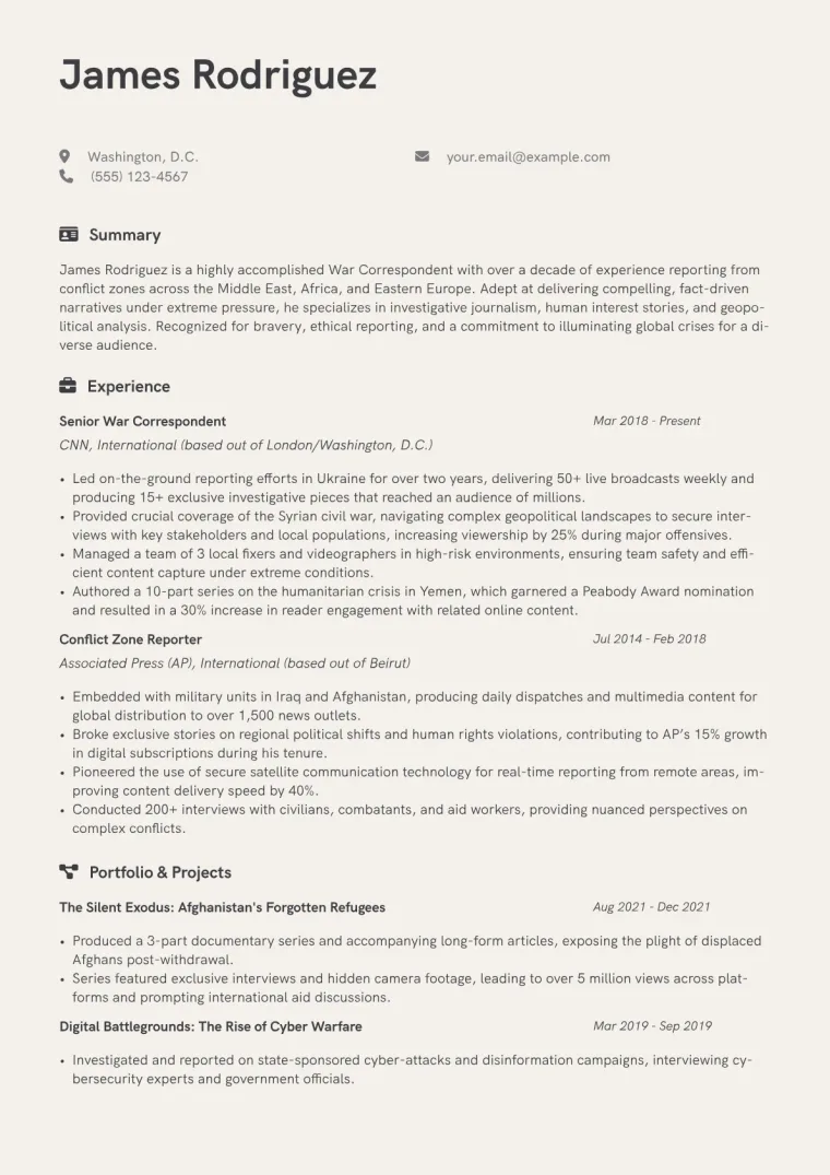 War Correspondent Resume Example CV template preview