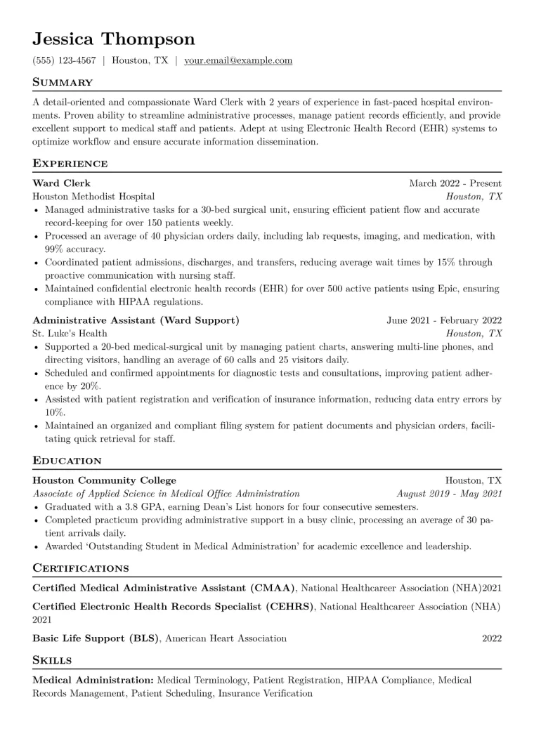 Ward Clerk Resume Example CV template preview