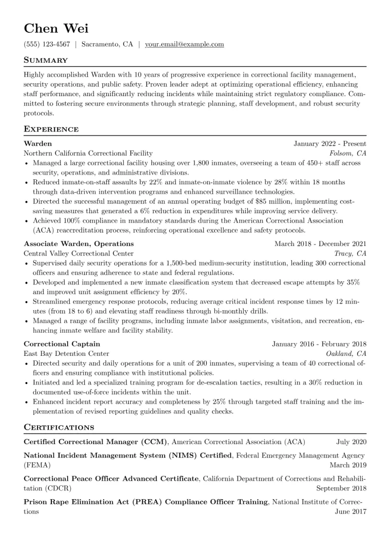 Warden Resume Example CV template preview