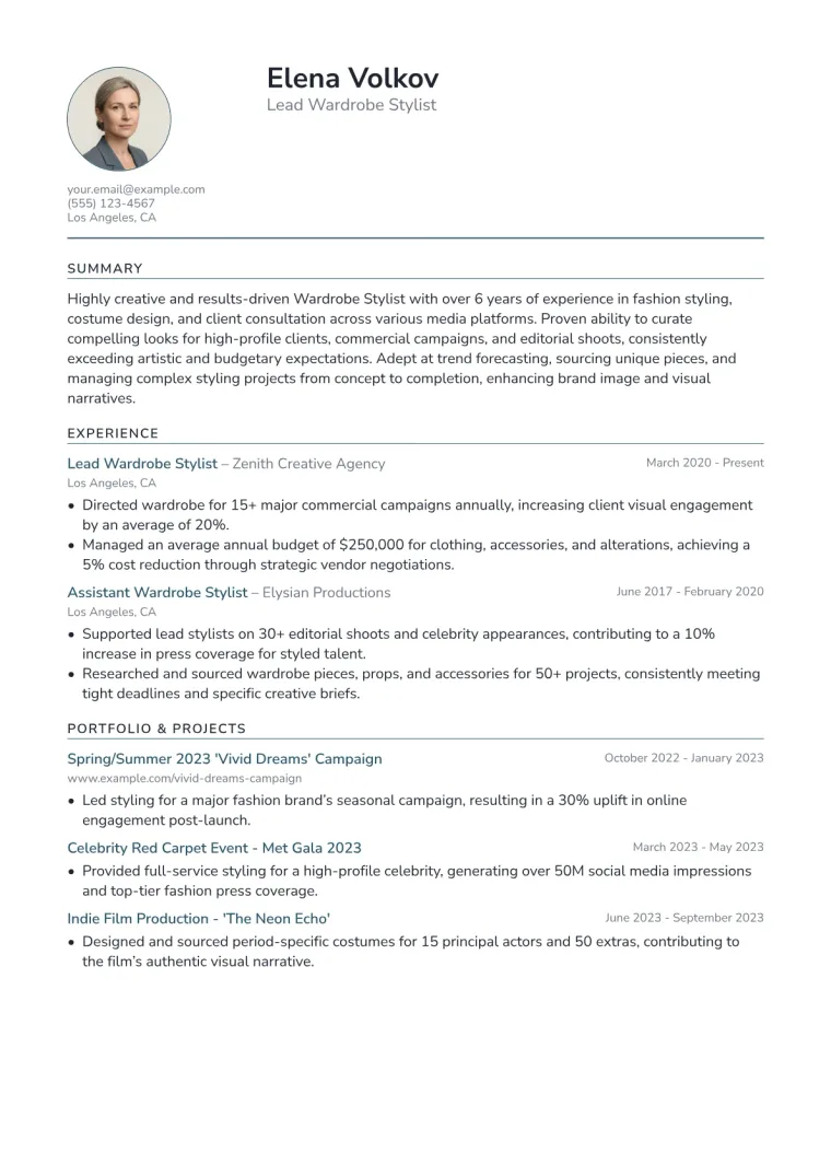 Wardrobe Stylist Resume Example CV template preview